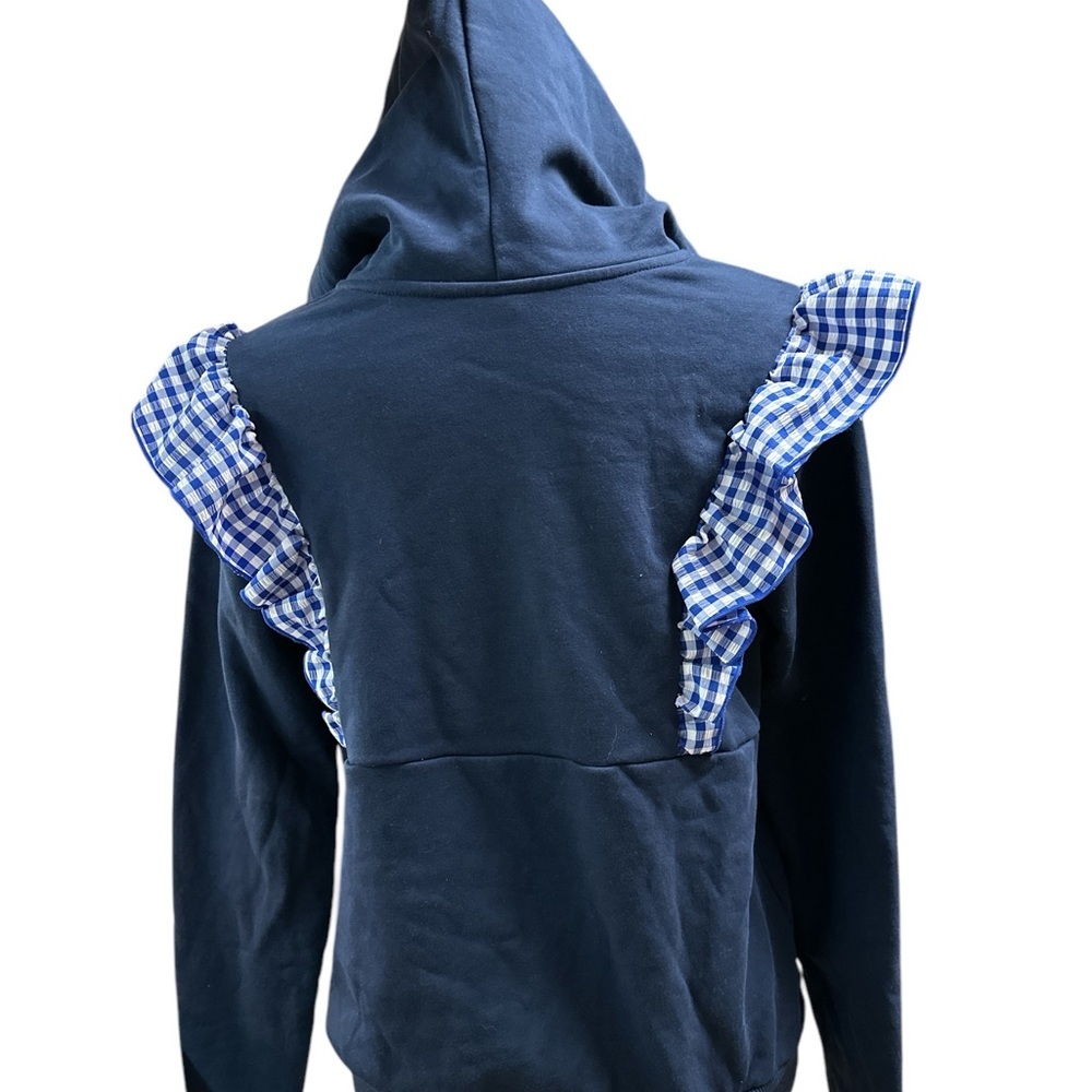 ADDISON BAY Spring Garden Sweatshirt Cotton Hoodie Navy Plaid Ruffles Small - Picture 5 of 7